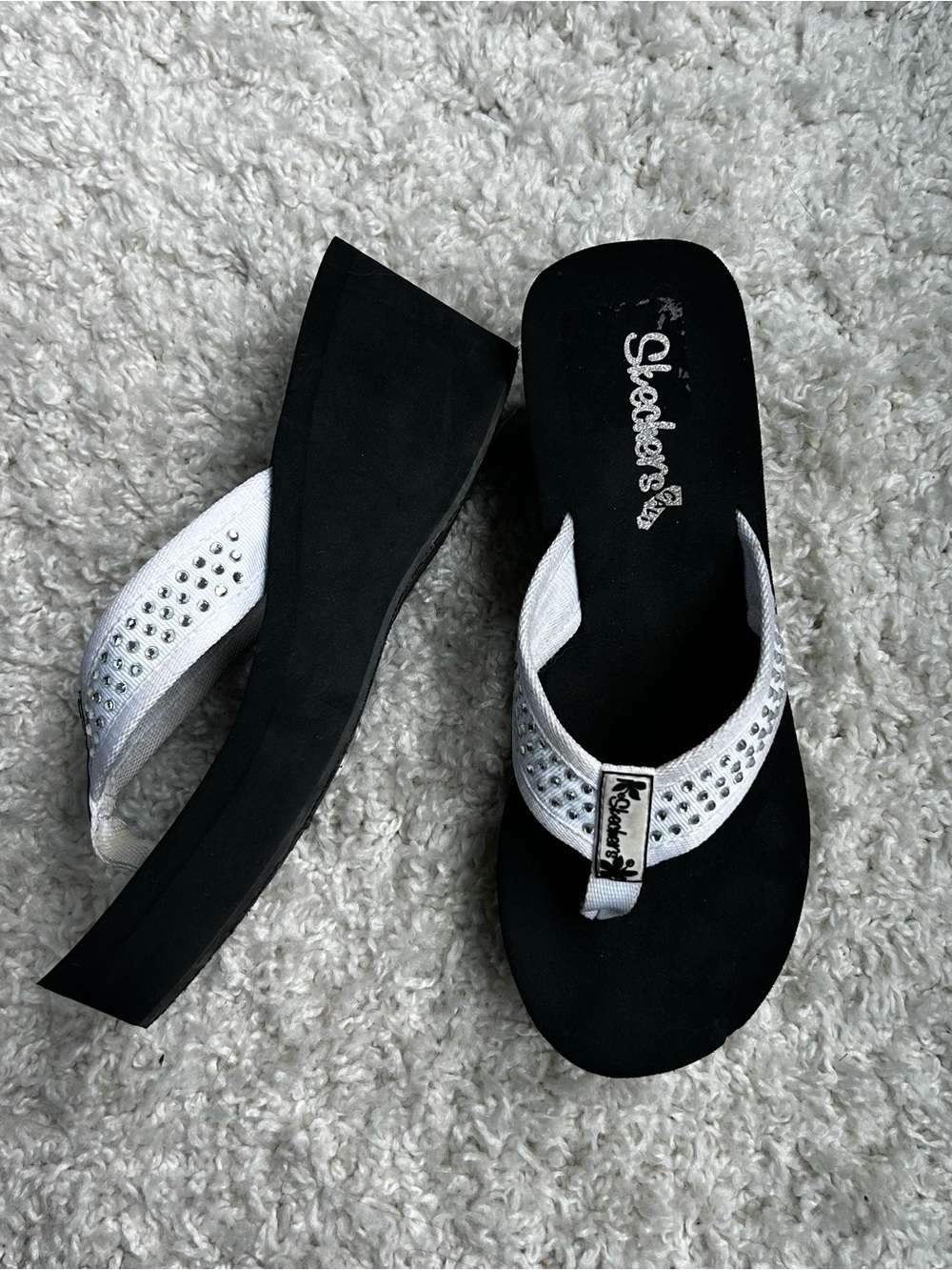 Skechers Black Wedge Flip-Flops with White Rhinestone Straps